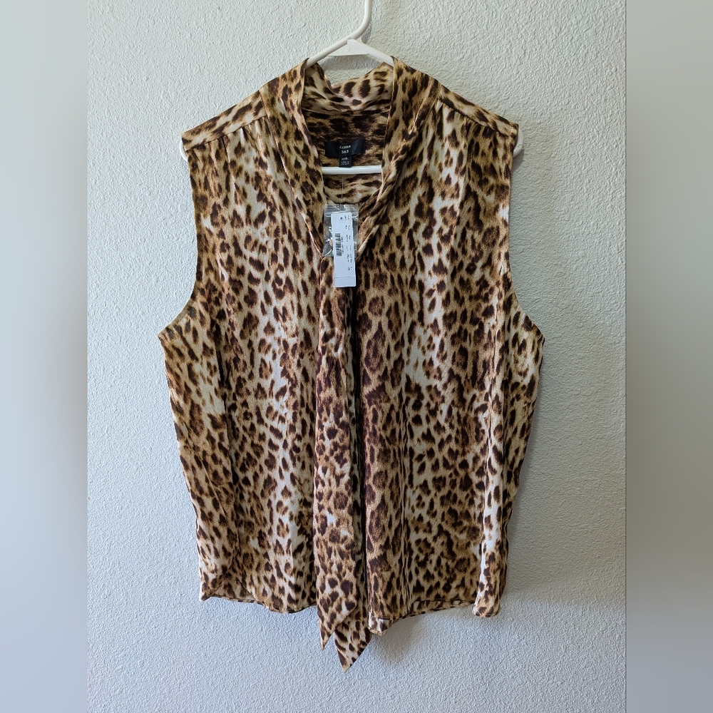 J Crew Tie Neck Top Womens Small XXL Animal Print Sleeveless Drapey Chiffon